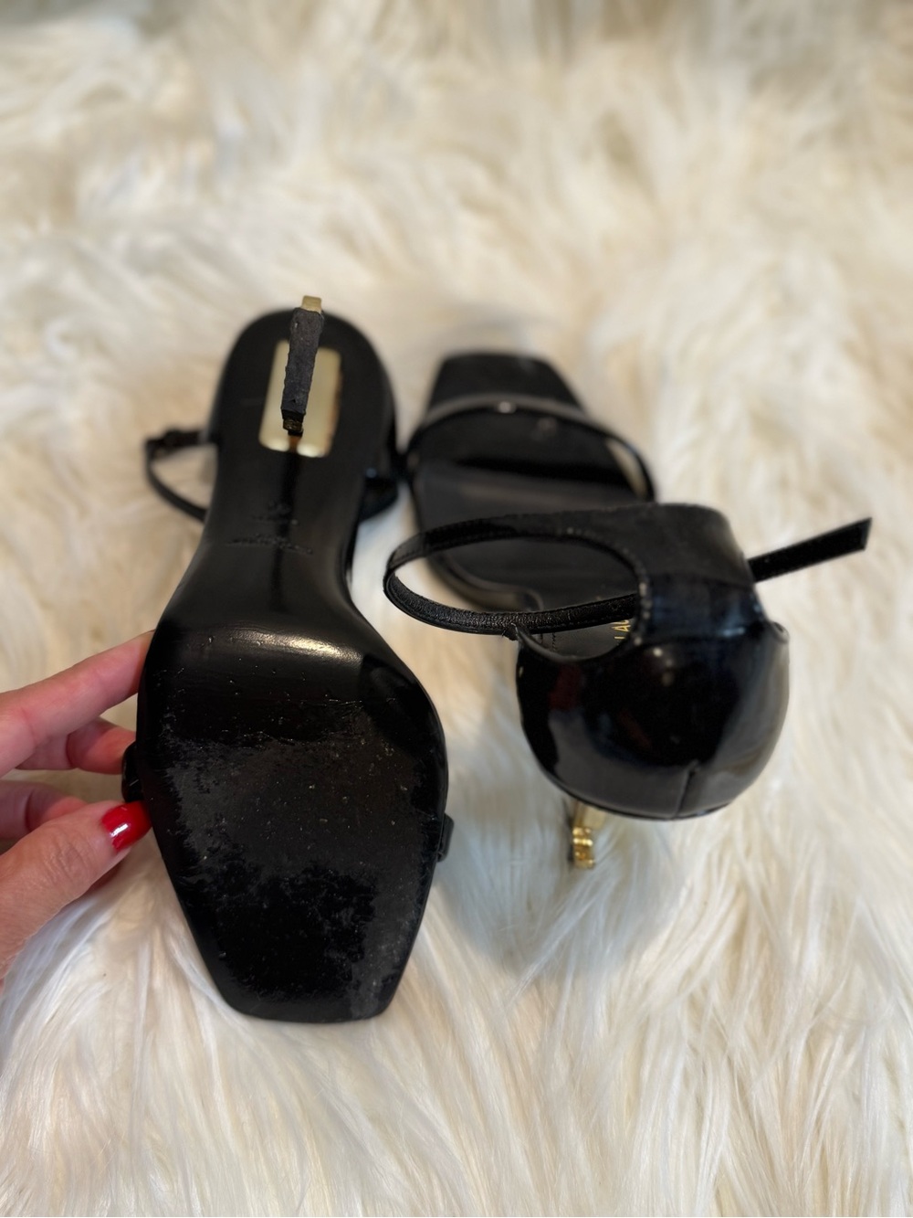 Saint Laurent Black Patent Leather Sandal Heels with Gold Sculptural Heel - Picture 3 of 15